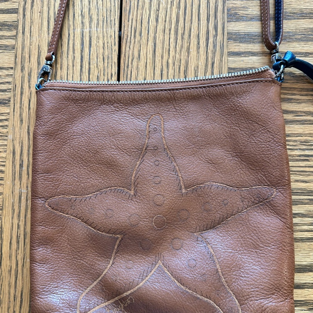 Vintage Brighton Tan & Navy Leather Anchor Lined Crossbody Starfish Bag - Picture 1 of 13